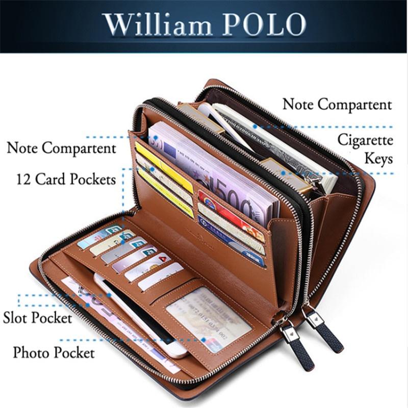 Grande Portafoglio Lungo Uomo In PU Pelle Nero - Con Bracciale Staccabile, 8 Slot Carte E Scomparto Telefono