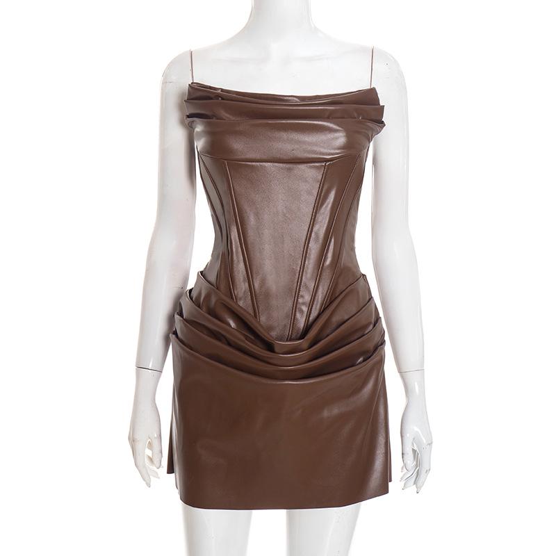 D25DS451 Women s Autumn Solid Color PU Pleated Bandeau A-line Dress Large