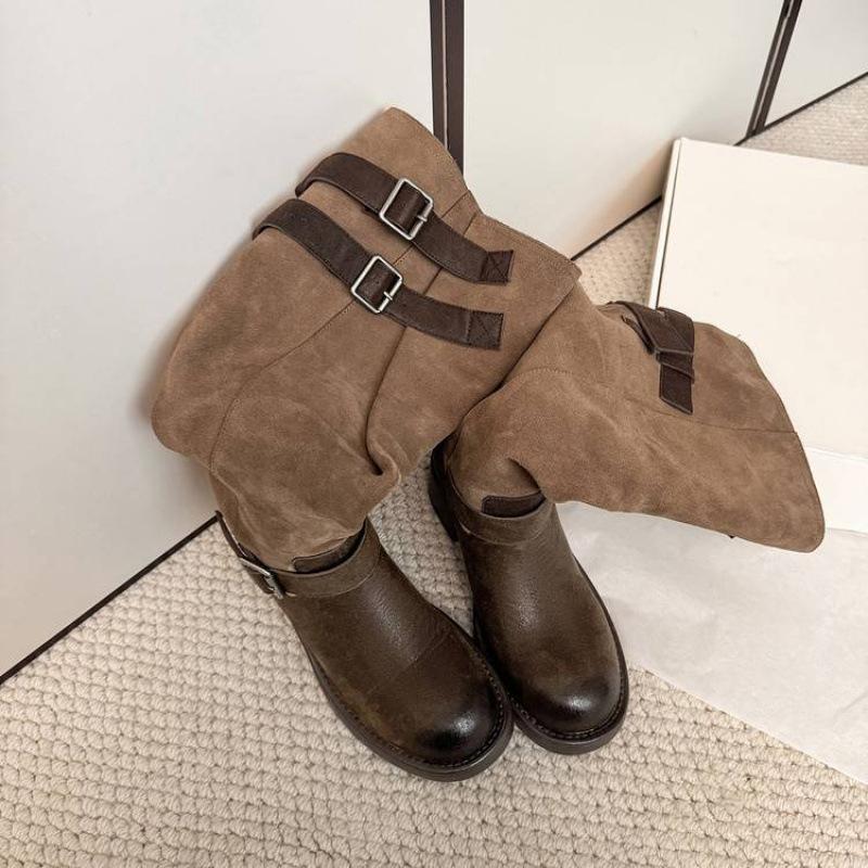 Autumn and winter big tube circumference Martin boots solid color leather women's leather boots medium heel round head new square heel versatile hig