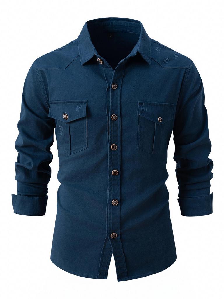 European Style Men's Washed Stretch Cotton Business Casual Long Sleeve Shirt