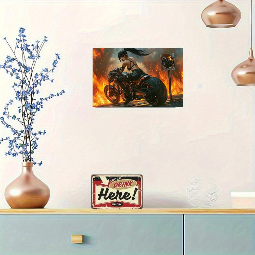 2D Flat Wooden 30*20cm Room Decor Vintage Motorcycle & Fire Design Sign, Wall Art, Long Lifespan Outdoor Decor for Home, Bar, Garage