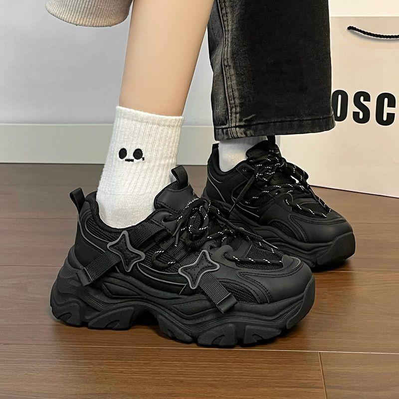 Thick-soled Heightening Dad Shoes Women's Autumn New Versatile Soft-soled Sweet and Cool Student Black Sneakers