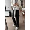 Women's Trendy High-Waist Black Drawstring Wide-Leg Trousers for Spring & Autumn