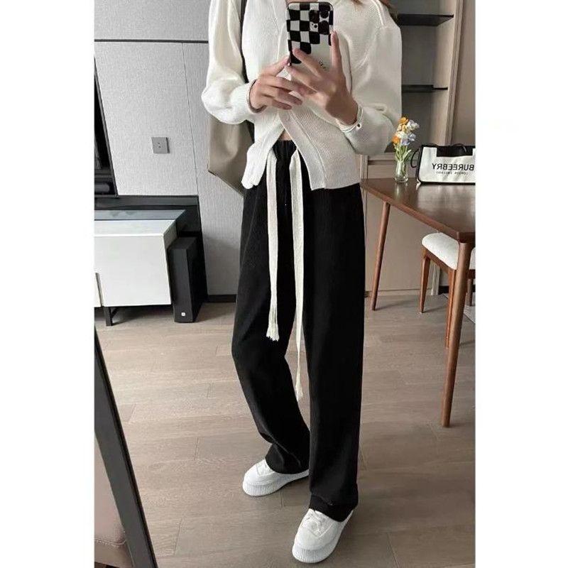 Women's Trendy High-Waist Black Drawstring Wide-Leg Trousers for Spring & Autumn