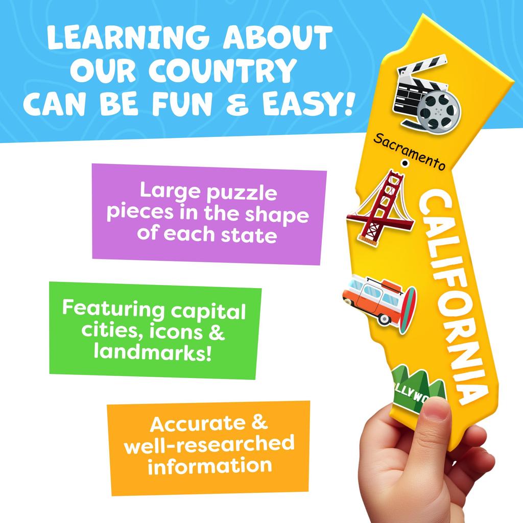 Momo & Nashi Amerikanisches Puzzle für Kinder von 4-6 Jahren - Lernspielzeug für Jungen und Mädchen Alter 3 - 70 Teile Amerikanische Karte Kinderpuzzle 50 Staaten und Hauptstädte