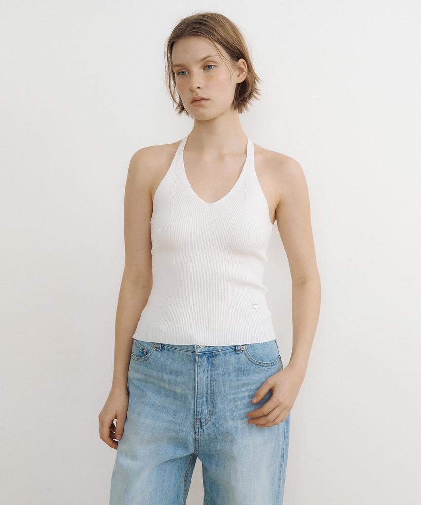 LUCIR ZU Airy Halter Knit Top (Ivory)