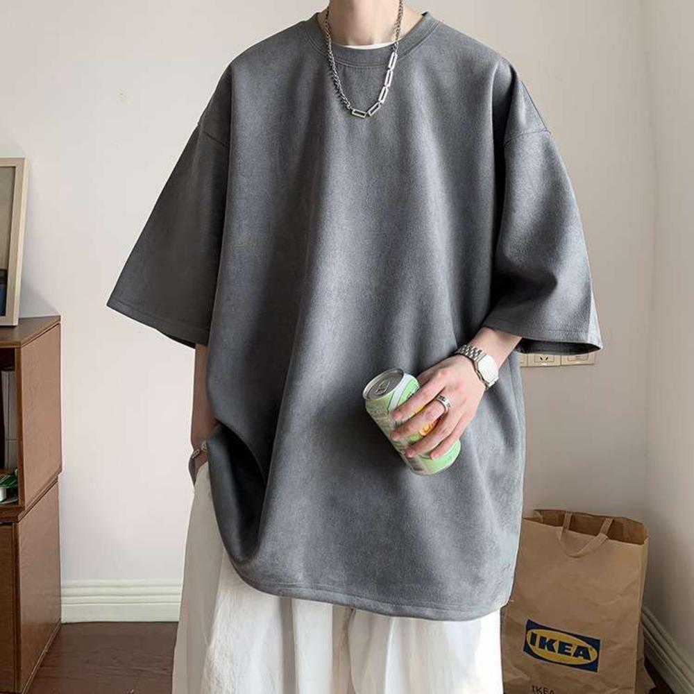 

220gsm Тяжелая футболка Мужская летняя замшевая футболка с коротким рукавом в американском стиле High Street Vintage OversizeT XXL серый