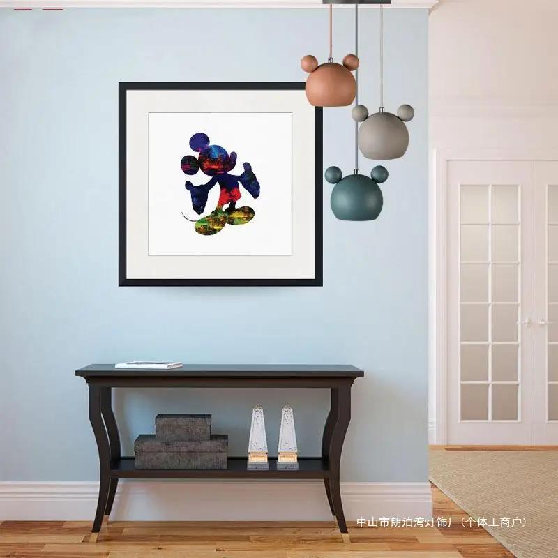 Nordic Color Macaron Mickey Chandelier Bedroom Candle Bedside Lamp Children's Clothing Toy Store Cartoon Iron Art Pendant Lights