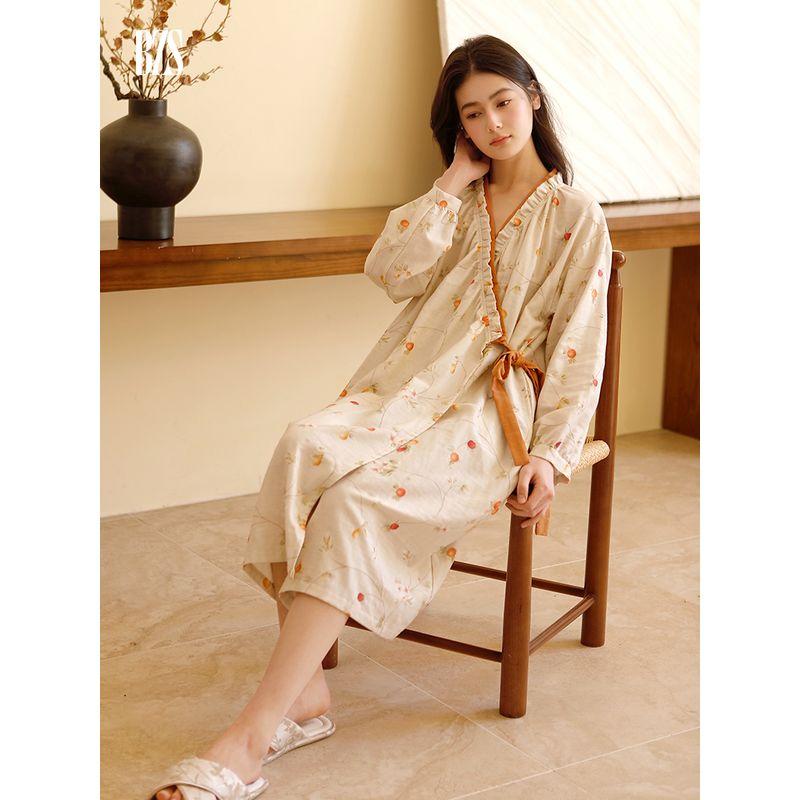 

Loose Breathable Comfortable Home Wear Nightdress Cotton Double-Layer Gauze Pomegranate Blossom Diagonal Lace-up Long sleeve Kimono Skirt Women Kimono Skirt L [recommend 60.00 kg-70.00 kg]]