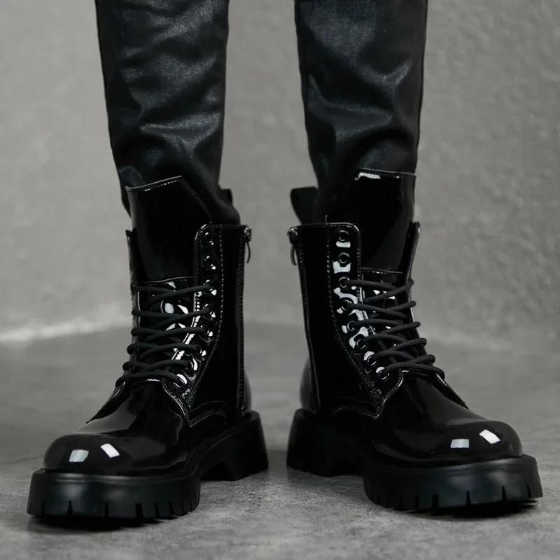 Men Boots High Quality Patent Leather High-top Boots Lace Up Platform Chelsea Boots Classic Black Casual Ankle Boot Botas Hombre