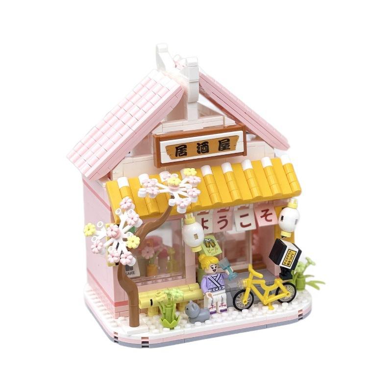 Puzzle Baustein Mini Straßenansicht Mädchen Kirschblütenbaumhaus Izakaya Zusammengebautes Spielzeug Mädchen Geschenk