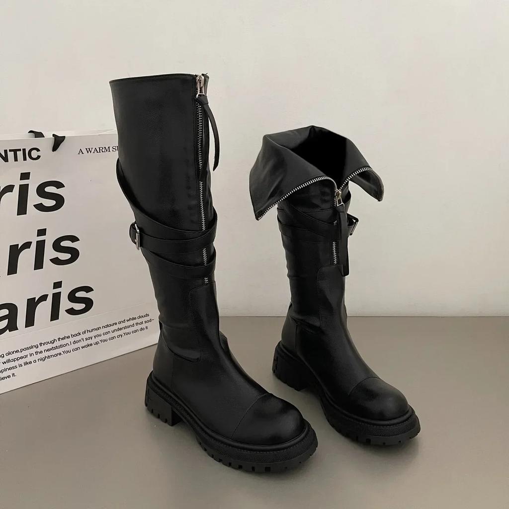 fashion Gothic Thigh High Boots Women Winter Long Boot New Fashion Front Zipper Square Heel Knee-High Botas Ladies Motorcycle Boots
