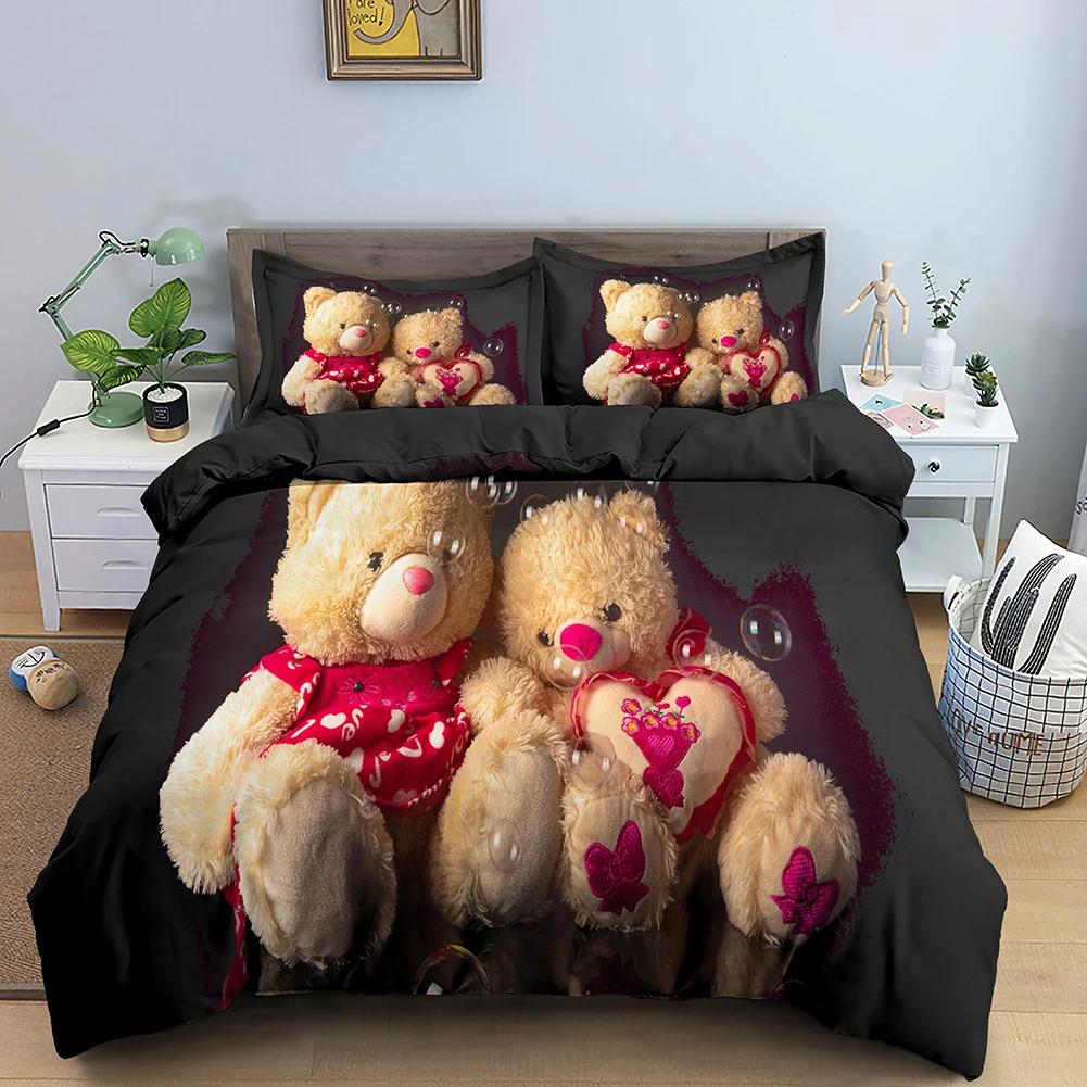 Comforter 3D Romantic Valentines Day Red Rose Bear Printed For Girl Queen S Luxury Bedding