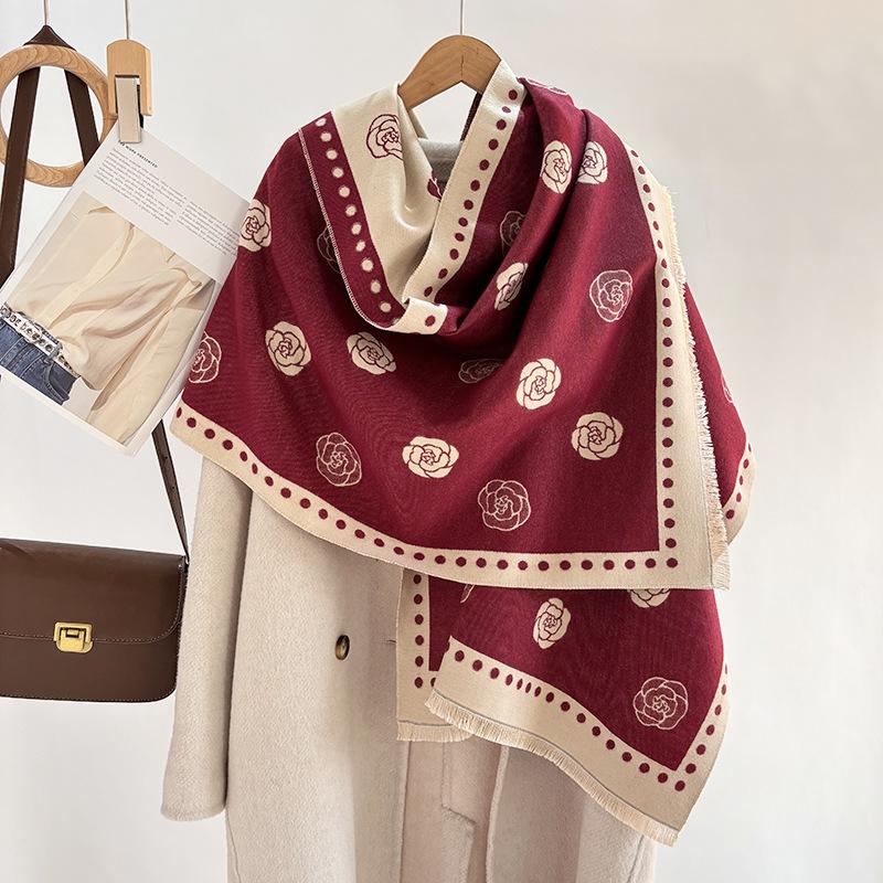 

New camellia imitation cashmere scarf for women s autumn and winter advanced sense double-sided casual elegant shawl thickened warm scarf 188CM