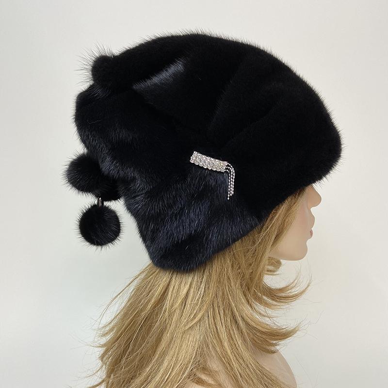 New Luxury Winter Hats for Women Natural Mink Fur Balls Pompom Diamond Warm Snow Cap Outdoor Real Fur Hat