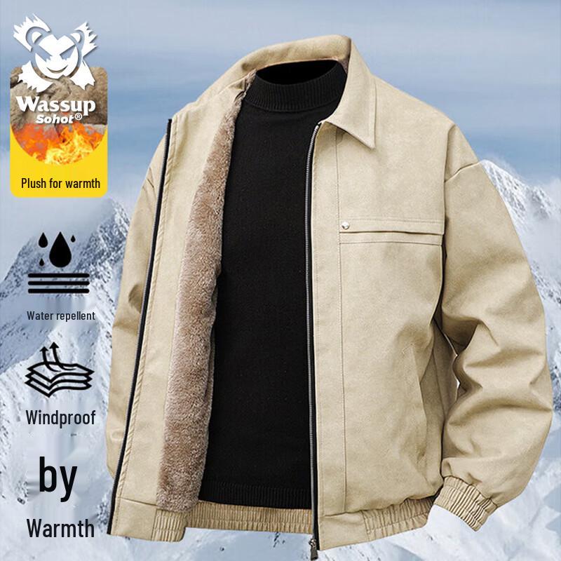 Wassup Sohot Men's Retro Plush Lined Winter Lapel Jacket