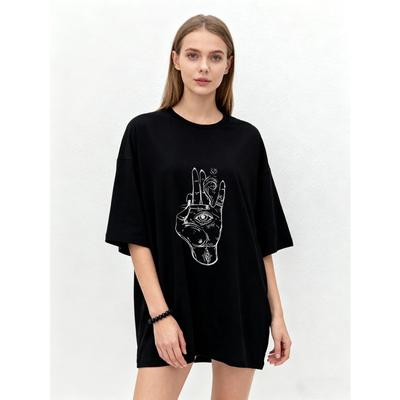 Übergroßes T-Shirt Schwarz Hand Auge Symbol Print Lässig Streetwear Mode Oberteil für Damen