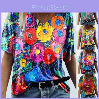 Sommer-Freizeit-T-Shirt mit Blumenprint und V-Ausschnitt für Damen