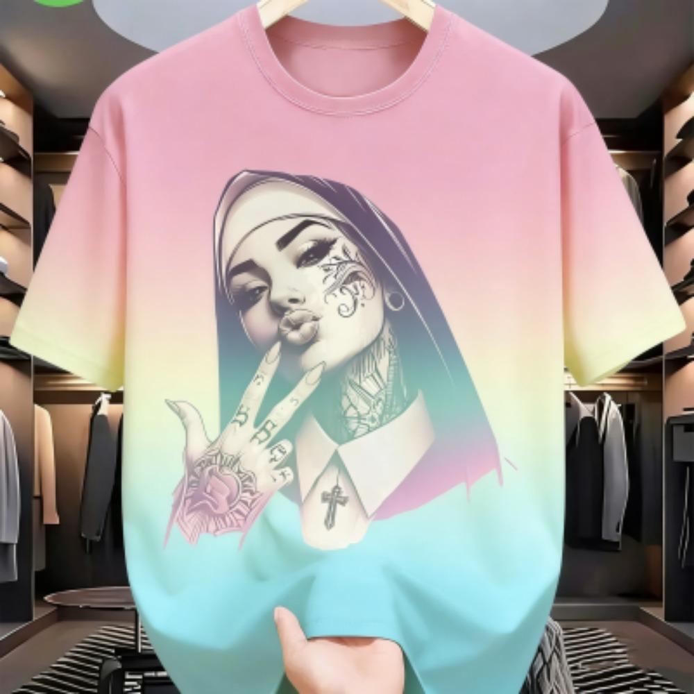 Fashion Colorful Tattooed Nun Graphic Print Women s T-shirt Summer Casual Loose Short Sleeves Men s and Women s Tees Top XXS