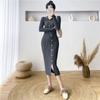 Dress Cardigan Female Autumn Korean Knitted Dress Women Mid Length Versatile Long Sleeve Underlay V-Neck Wool Dress Female Tops