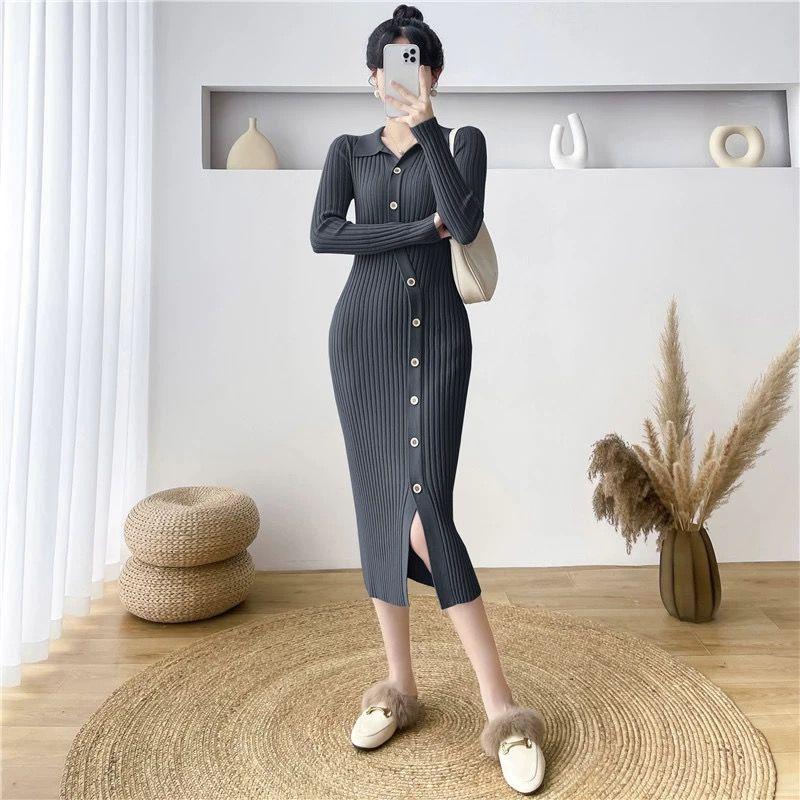 Dress Cardigan Female Autumn Korean Knitted Dress Women Mid Length Versatile Long Sleeve Underlay V-Neck Wool Dress Female Tops