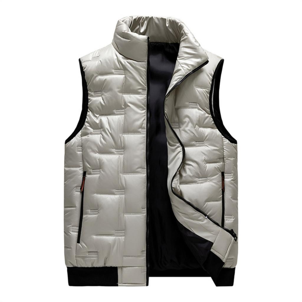 Men's Casual Solid Color Embossed Down Cotton Vest, Men's Thickened Loose Stand-up Collar Zip-up Coat