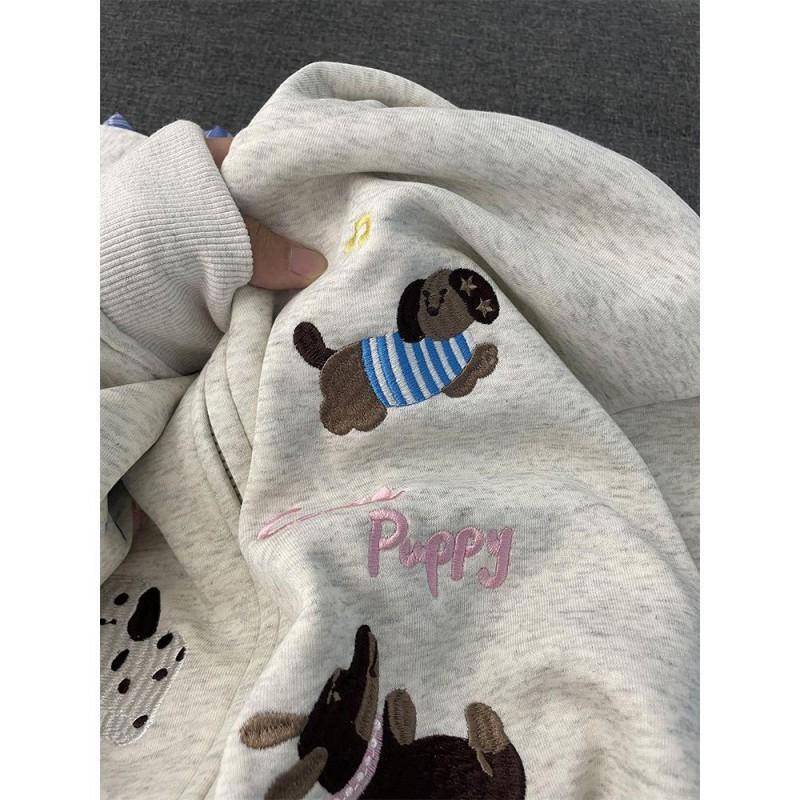Womens Oversized Cartoon Dog Print Polo Collar Hooded Sweatshirt Loose College Style 2025