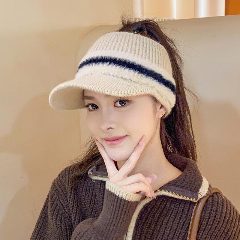 

Женская осенне-зимняя вязаная шляпа с открытым верхом, ветрозащитная шляпа с козырьком, шерстяная шляпа с плюшевой цветовой гаммой, теплая шапка для ушей, визуально делающая лицо худым One size