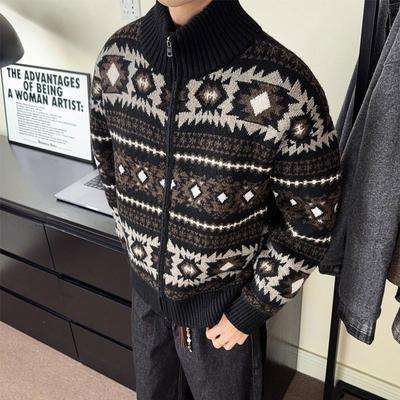 Κομψό Vintage Πλεκτό Καρτιγκάν Fair Isle Ανδρικά Ρούχα Όρθια Λαιμόκοψη Φθινόπωρο Χειμώνας Φερμουάρ Casual Χαλαρό Μακρυμάνικο Πλεκτά