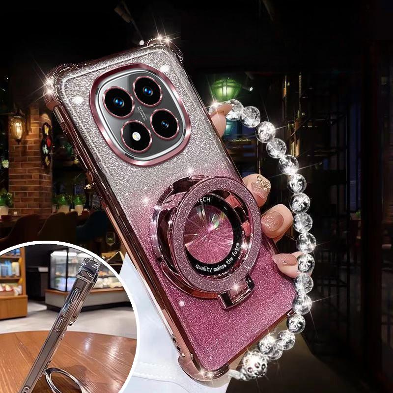 Glitter Magnetic Holder Bracket Case For Xiaomi Redmi Note 14 15 Pro Plus 15 15C 14C 14S 4G 5G Crystal Bracelet Silicone Cover