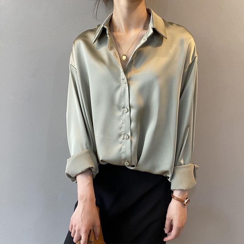 Módní zapínání na knoflíky Saténová hedvábná košile Dámské topy Vintage Ležérní Halenka větší velikosti Ženy Bílé košile s dlouhým rukávem Dámské 11355