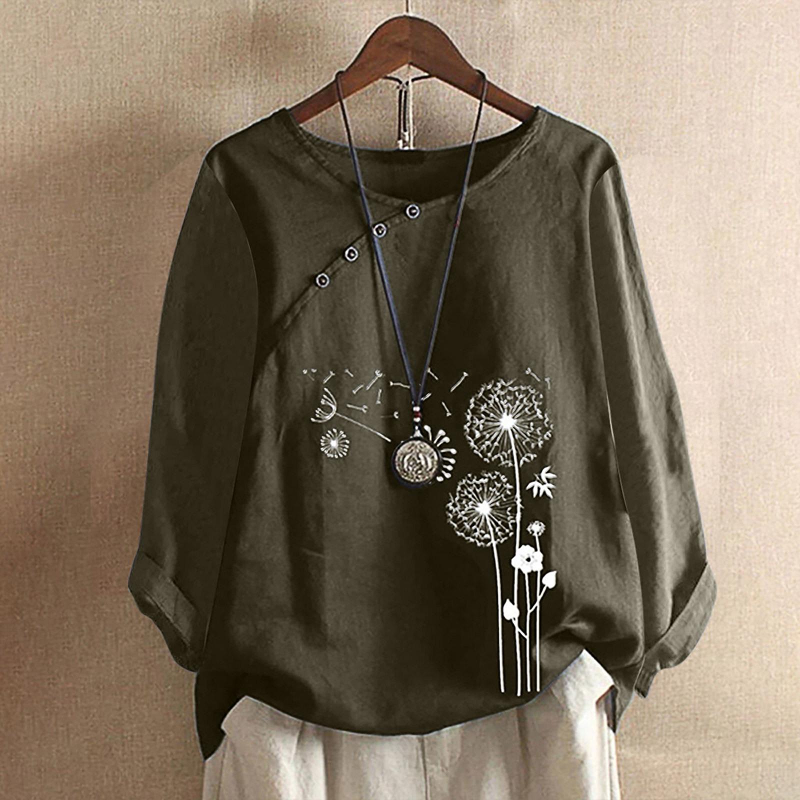 

Большие размеры 5XL, блузка с цветочным принтом, женская хлопково-льняная рубашка с длинными рукавами, весна-осень, женский топ, повседневная блузка на пуговицах 5XL армия зеленый