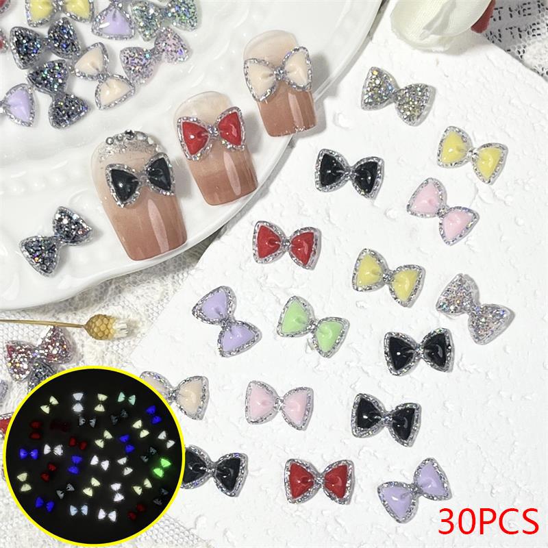 30 Pcs/Bag Luminous Super Flash 3D Bow Nail Art Jewelry Cute Bow Nails Decoration  Design Diy Resin Nails Art Accessories