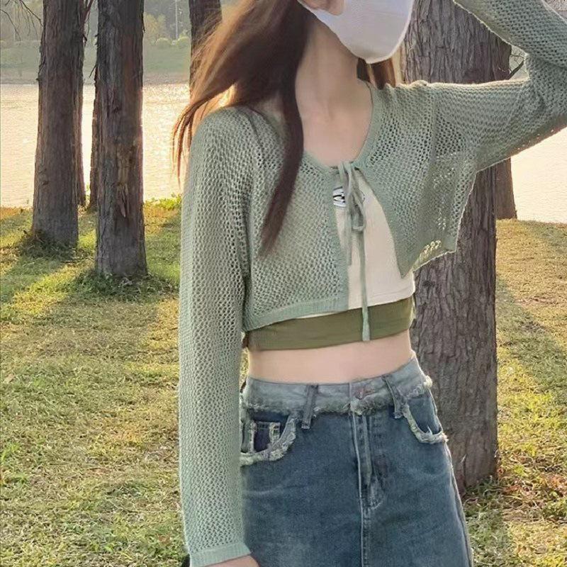 Women's V-Neck Openwork Knit Tie-Up Cardigan - Lightweight Summer Sun Protection Long-Sleeve Top