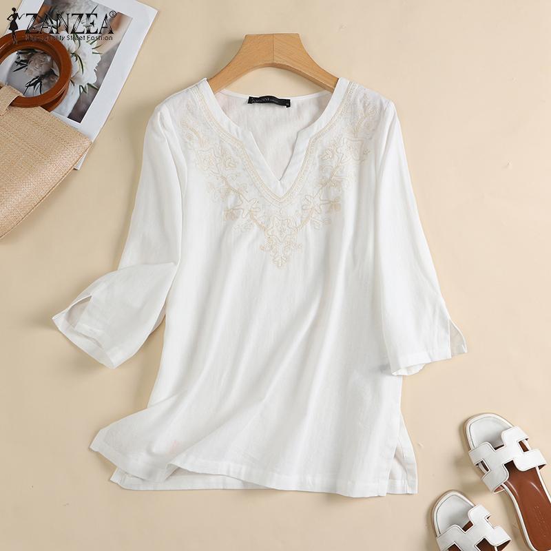 

ZANZEA Женская летняя повседневная блузка с v-образным вырезом и рукавами 3/4 с вышивкой, топы