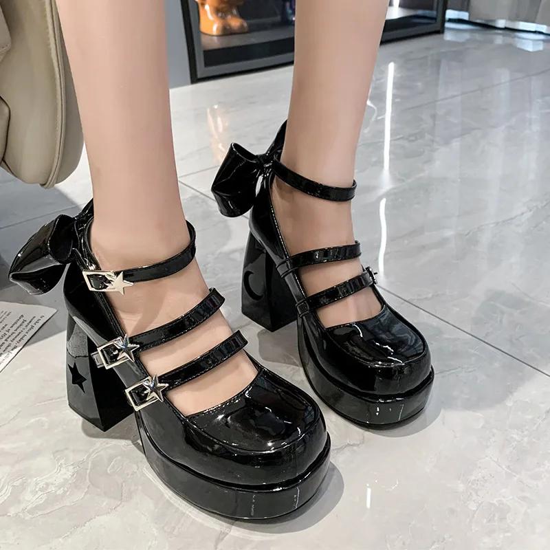 Chunky Platform High Heels Pumps Women 2025 Spring Punk Thick Heel Mary Jane Lolita Shoes Woman Patent Leather Cosplay Shoes
