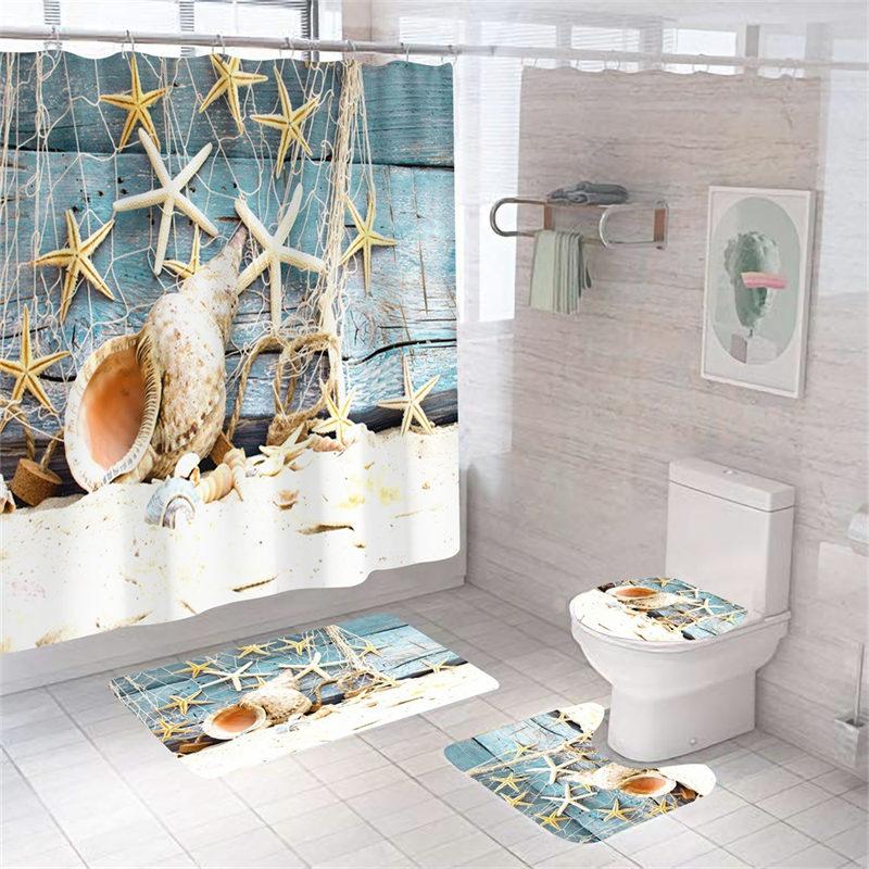 4Pcs/Set Print Shell Starfish Shower Curtains Ocean Beach New Bath Mat Set Waterproof Bath Curtain Polyester Anti-slip Carpet Toilet Rugs