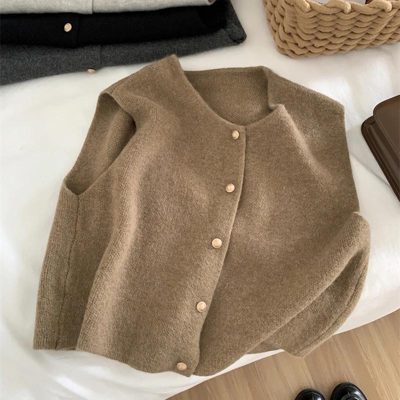 Women Sweater Vest Gold Button Up Waistcoat Soft Knitted Sleeveless Cardigan Jacket Top Fall Winter Korean Ladies Chic Outfit