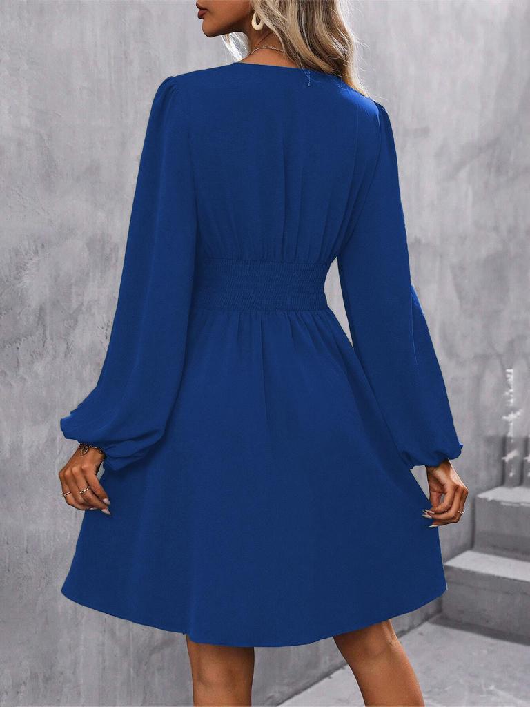 Asymmetric Neck Lantern Sleeve Ruffle Waist Dress