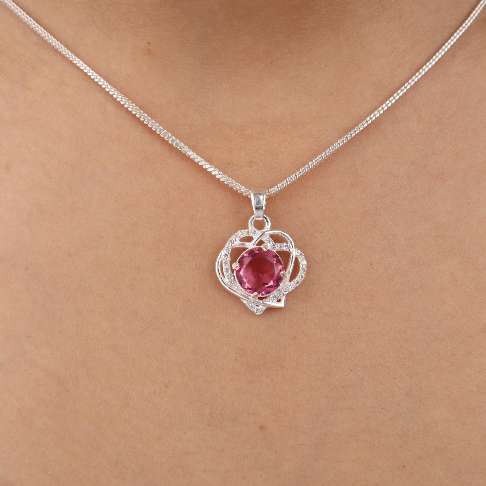 

Драгоценный камень Розовый Турмалин Ювелирные изделия из стерлингового серебра 925 пробы Циркон Подвеска в форме сердца 0,84 CZP-14-1