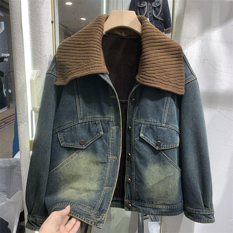 Retro Knit Fleece-Lined Denim Jacket - Petite Women's Thickened Winter Top (2025 Autumn/Winter)