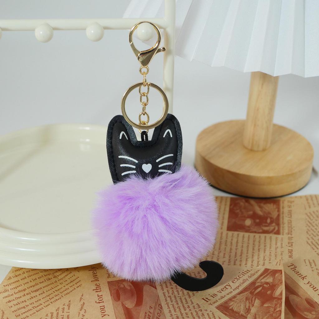 Adorable Black Cat Keychain with Faux Fur Ball Pendant