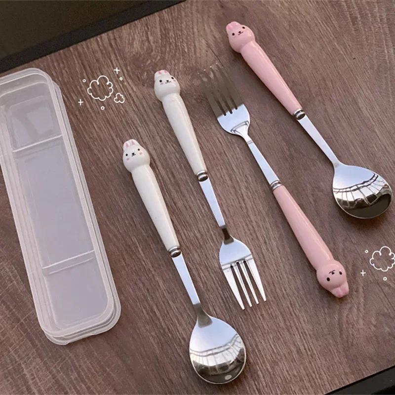 Cartoon Rabbit Cutlery Set Stainless Steel Spoon Fork Chopsticks Flatware Kawaii Bunny Tableware Utensils with Storage Box
