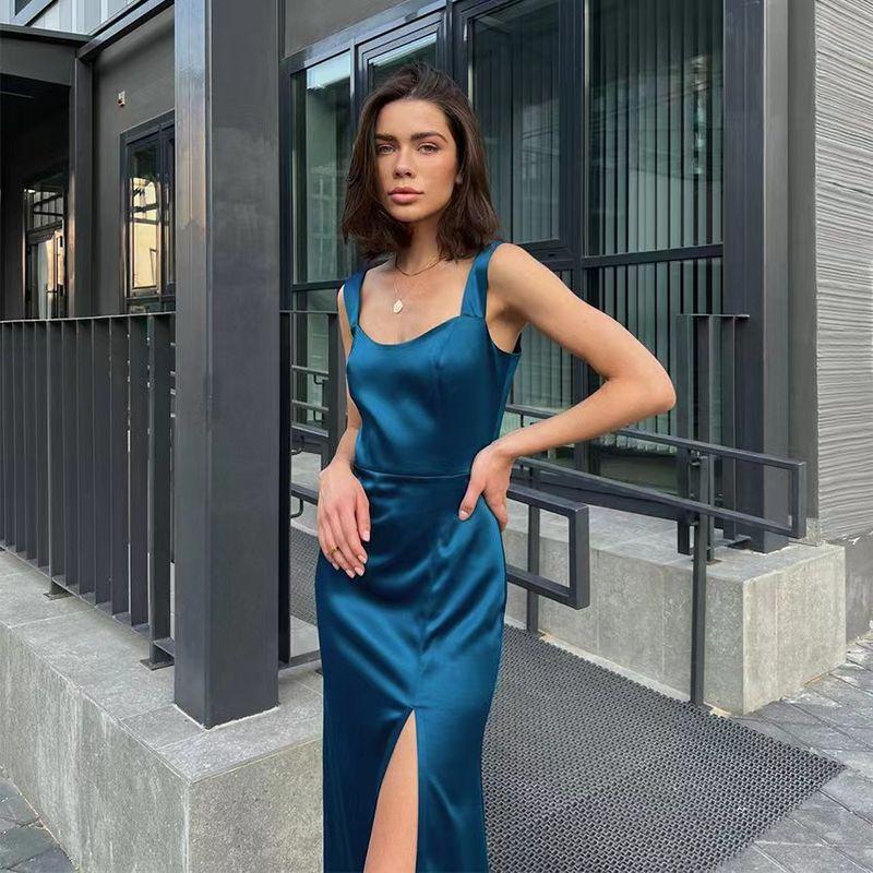 Fashion Wind Sexy Sling Stylish Slit Satin Dress Sexy Suspender Slit Dress