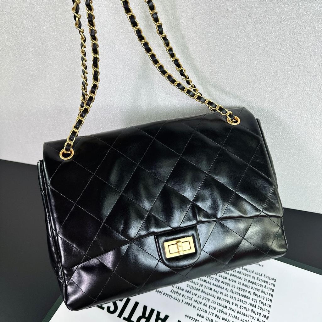 Rhombus chain airport bag, first layer cowhide large-capacity tote bag, high-end commuter shoulder messenger bag