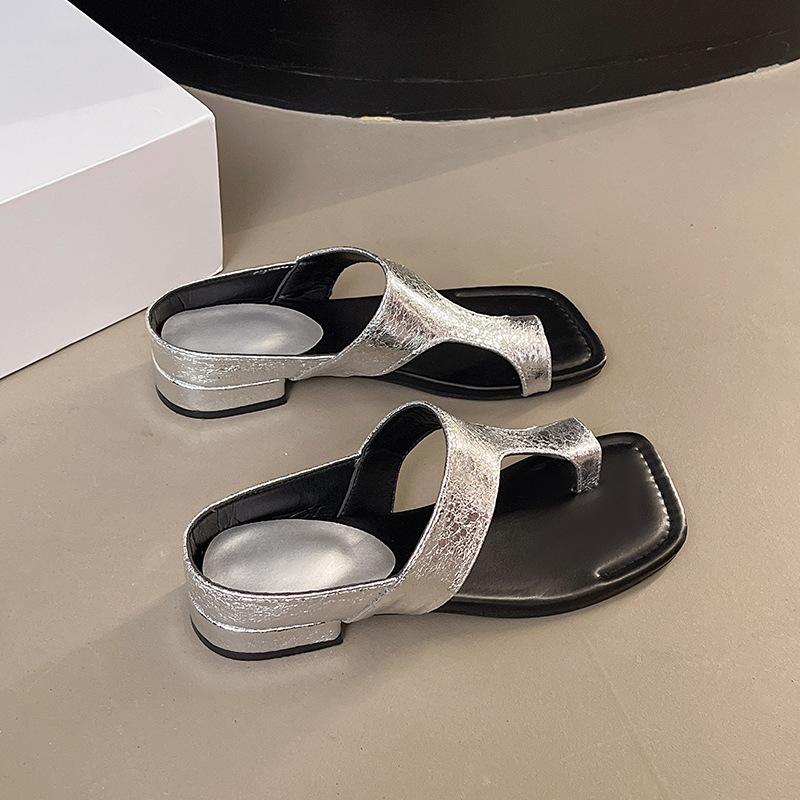 Retro Going Out Toe Slippers Women's Summer Outer Wear Square Toe Golden Cool Slippers Versatile Thick Heel Sandals