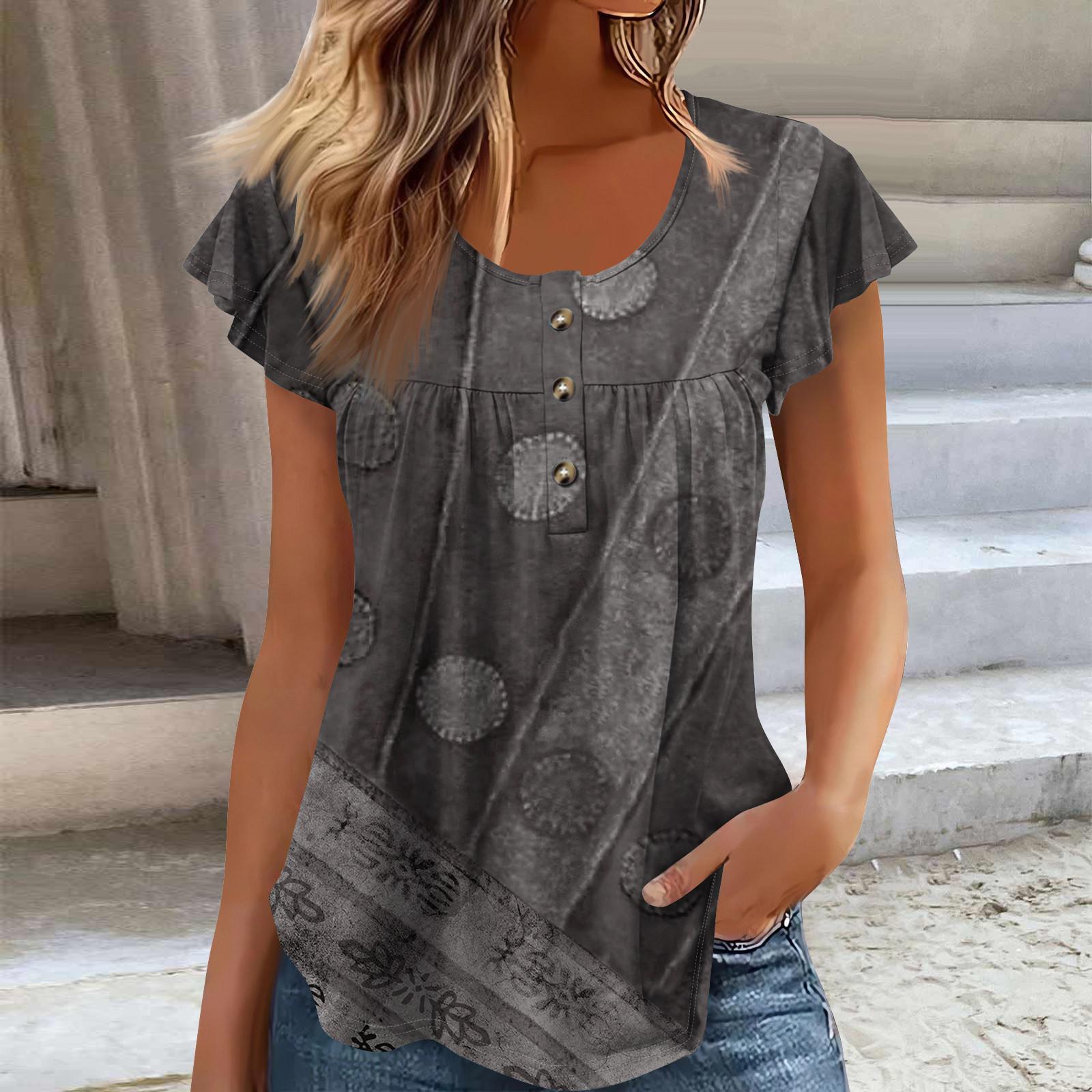 

Женская туника с коротким рукавом, свободные топы, повседневные топы больших размеров, плиссированная туника на пуговицах, повседневные летние весенние футболки, топы для женщин M серый
