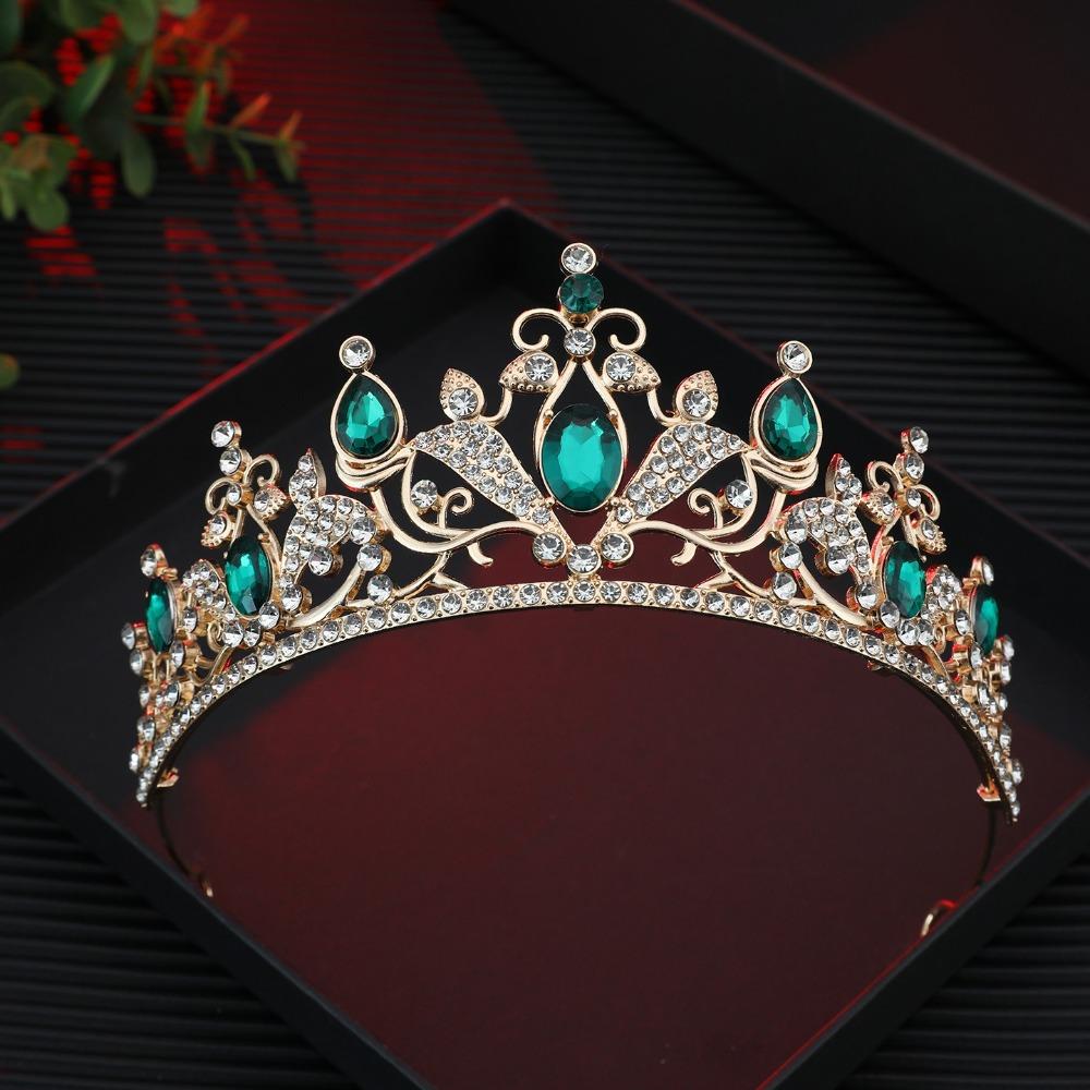 Adjustable Bridal Tiara Crown Alloy Wedding Hair Accessory Elegant Birthday Crown  Princess Cosplay Golden Green Diamond