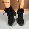 Fashion Faux Fur Lace Up Ankle Boots Warm Women 2025 Autumn Winter Fashion Solid Black High Heel Boots Warm Short Plush Booties Non-slip
