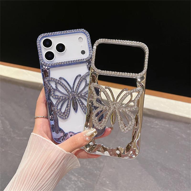 Luxury TPU Plating Diamond Butterfly Phone Case For iPhone 17 16 15 14 13 12 11 Pro Max Plus Shockproof Hollow Out Hard Cover